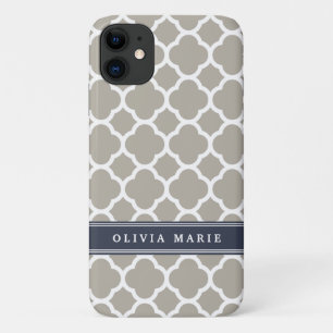 Blue Personalised Name Grey Quatrefoil Pattern Case-Mate iPhone Case