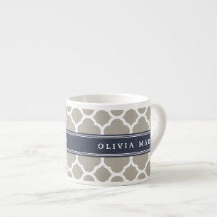 Blue Personalised Name Grey Quatrefoil Pattern Espresso Cup