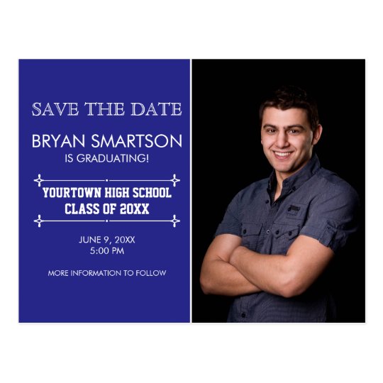 Blue Personalised Photo Graduation Save the Date Postcard