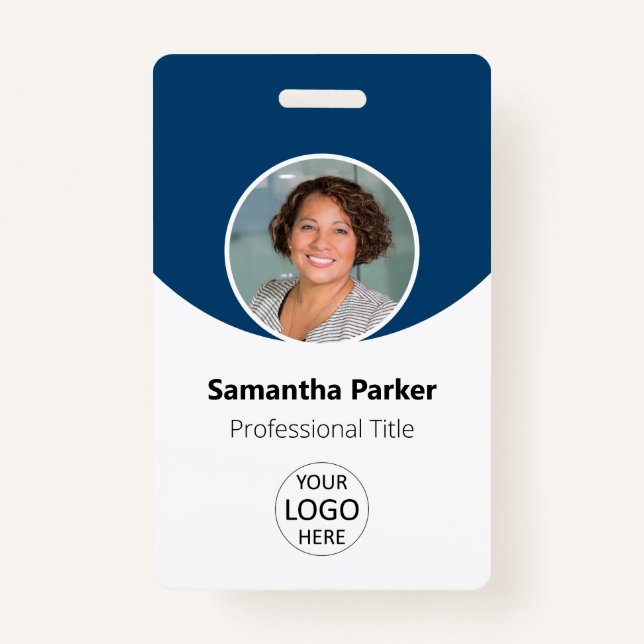 Blue Personalised Photo, Logo, Barcode Employee ID Badge (Front)