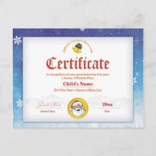 Blue Personalised Santa's Nice List Certificate Postcard