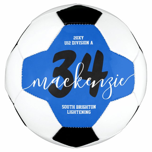 Blue Personalised Team Colours Name Jersey Number Soccer Ball (Front)