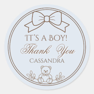 Blue Personalised Teddy Bear Bow Its a boy! Classic Round Sticker