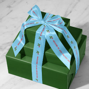Blue Personalised Text with Holly Sprigs Holiday Satin Ribbon