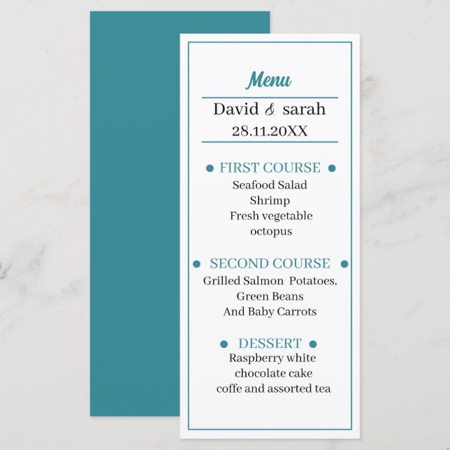 Blue Personalised Wedding Dinner Menu (Front/Back)