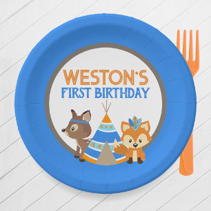 Blue Personalised Woodland Camper 1st Birthday Paper Plate