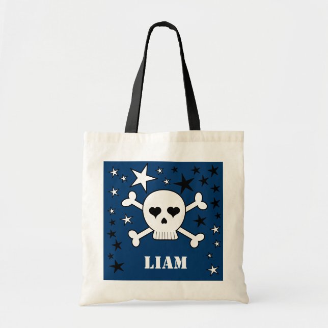 Blue Personalizable Cute Skull Crossbone and Stars Tote Bag (Front)
