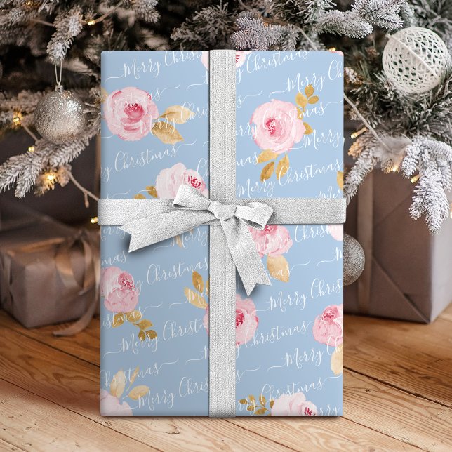 Blue Personalized Merry Christmas Script Floral Wrapping Paper (Blue Personalized Merry Christmas Script Floral Wrapping Paper)