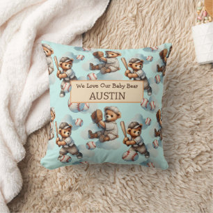 Blue Personalized Watercolor Teddy Bears Cushion
