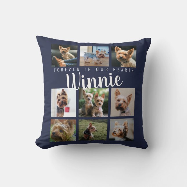 Blue Pet Photo Collage Memory Keepsake Script Name Cushion (Front)