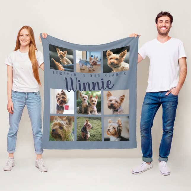 Blue Pet Photo Collage Memory Keepsake Script Name Fleece Blanket (In Situ)