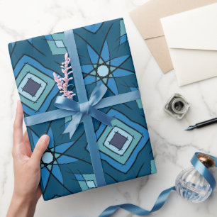 Blue petals and concentric, blue green squares wrapping paper