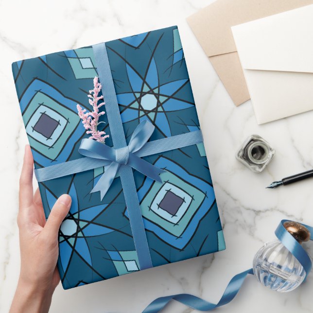Blue petals and concentric, blue green squares wrapping paper (Gifting)