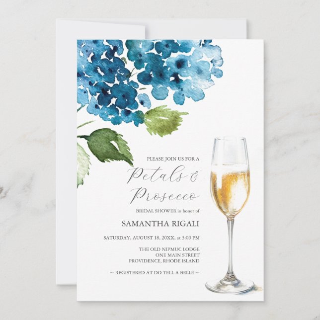 Blue Petals and Prosecco Bridal Shower Invitations (Front)