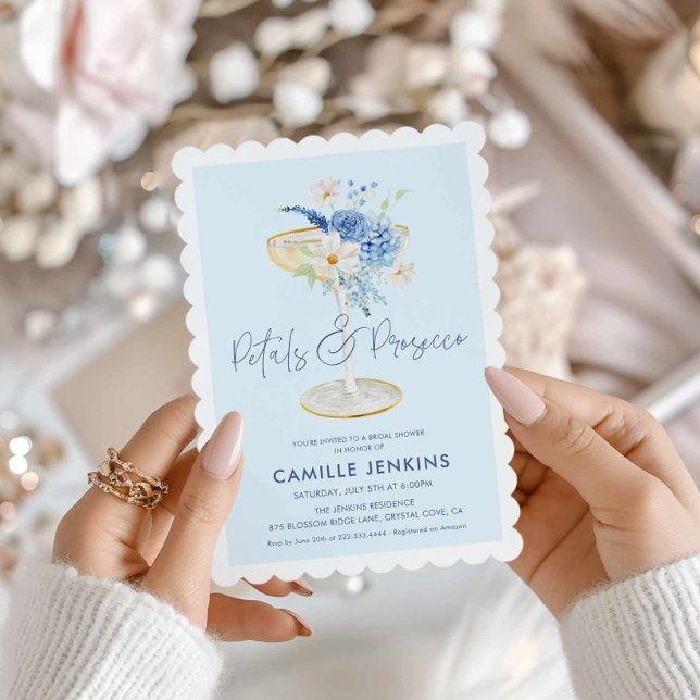 Blue Petals and Prosecco Garden Bridal Invitation (Blue Petals and Prosecco Bridal Shower Invitation)