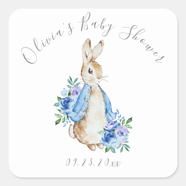Blue Peter Rabbit Floral Boy Baby Shower Square Sticker (Front)