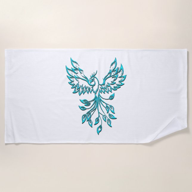 Blue Phoenix Rises on White Beach Towel (Front)