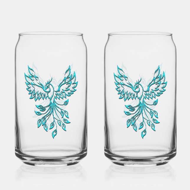 Blue Phoenix Rises on White Can Glass (Front)