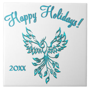 Blue Phoenix Rises on White Custom Text Tile