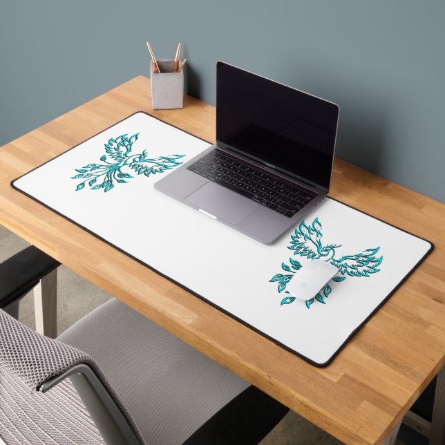 Blue Phoenix Rises on White Desk Mat (Office 2)