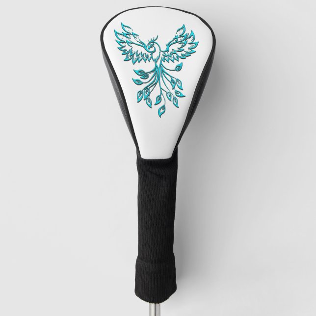 Blue Phoenix Rises on White Golf Head Cover (Front)