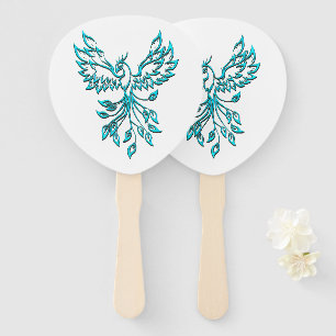 Blue Phoenix Rises on White Hand Fan