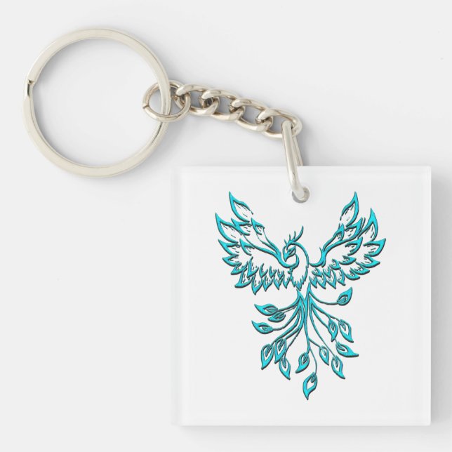 Blue Phoenix Rises on White Key Ring (Front)