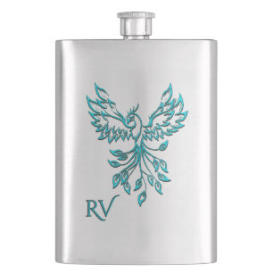 Blue Phoenix Rises on White Monogram Hip Flask