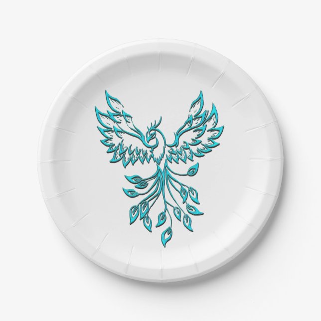 Blue Phoenix Rises on White Paper Plate (Front)