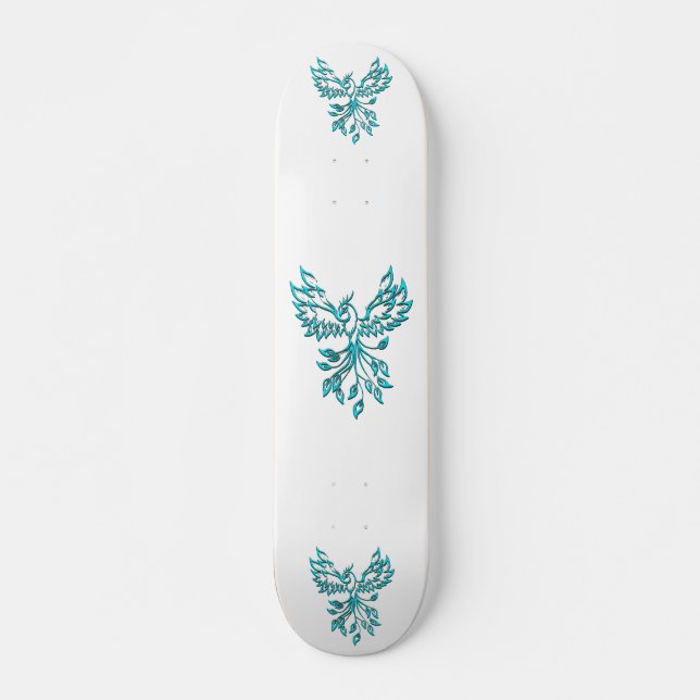 Blue Phoenix Rises on White Skateboard (Front)