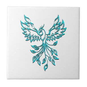 Blue Phoenix Rises on White Tile