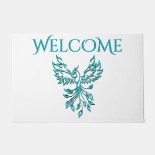 Blue Phoenix Rises on White Welcome Doormat