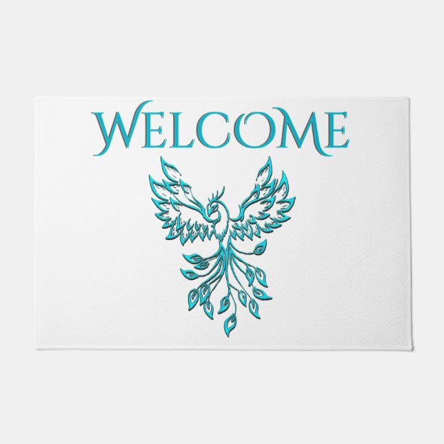 Blue Phoenix Rises on White Welcome  Doormat (Front)