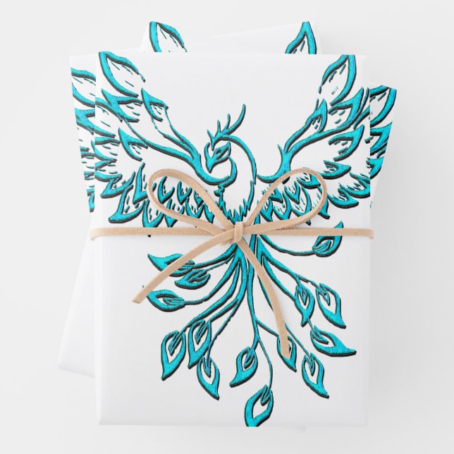 Blue Phoenix Rises on White Wrapping Paper Sheet (In situ)