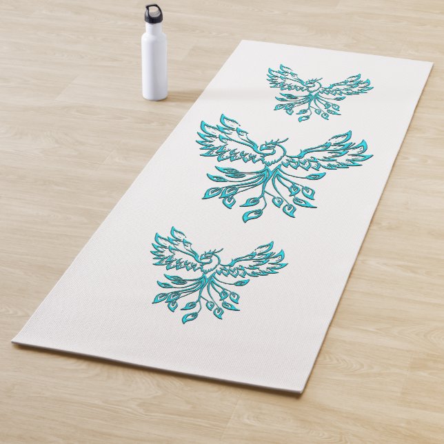 Blue Phoenix Rises on White Yoga Mat (In Situ)