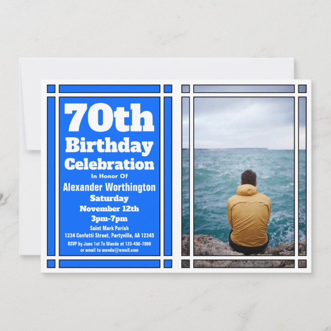 Blue Photo 70th Birthday Party Invitation (Front)