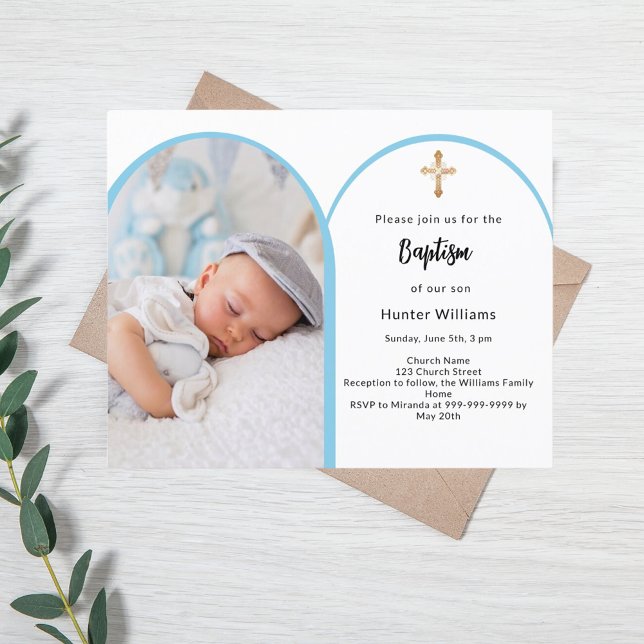Blue photo arch boy cross Baptism invitation (Creator Uploaded)