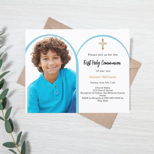 Blue photo arch boy First Communion invitation (Creator Uploaded)