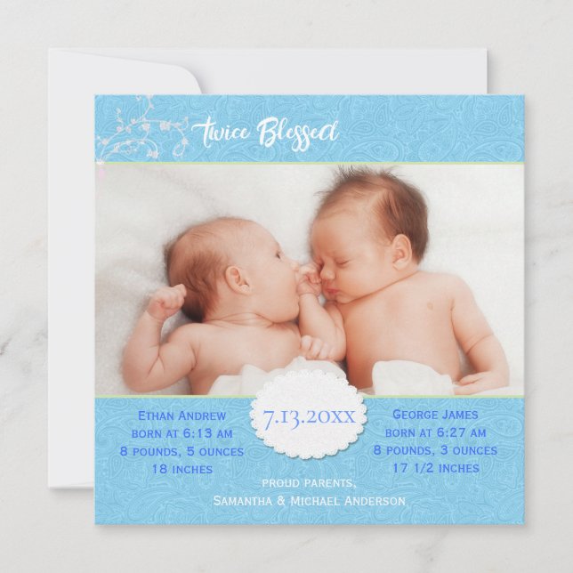 Blue Photo Birth Announcement for Twin Boys (Front)
