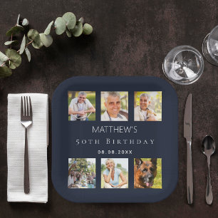Blue photo collage birthday party paper plate