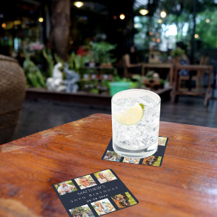 Blue photo collage birthday party square paper coaster