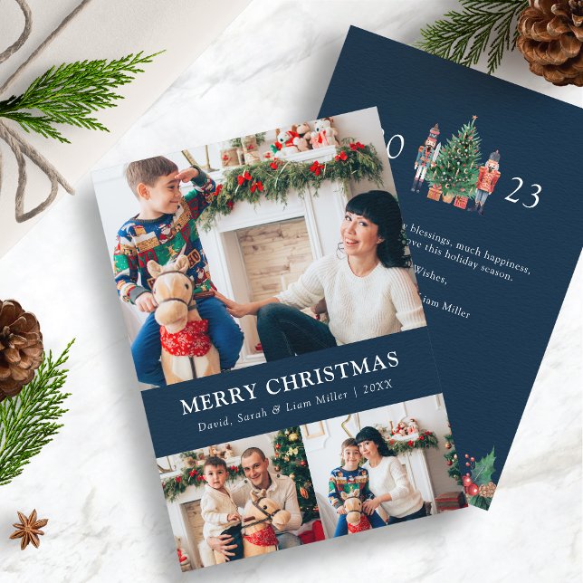 Blue Photo Collage Holiday Card (2023 Nutcracker Navy Blue Photo Collage Holiday Cards)