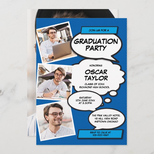 Blue Photo Collage Modern Fun Graduation Party Invitation (Front/Back)
