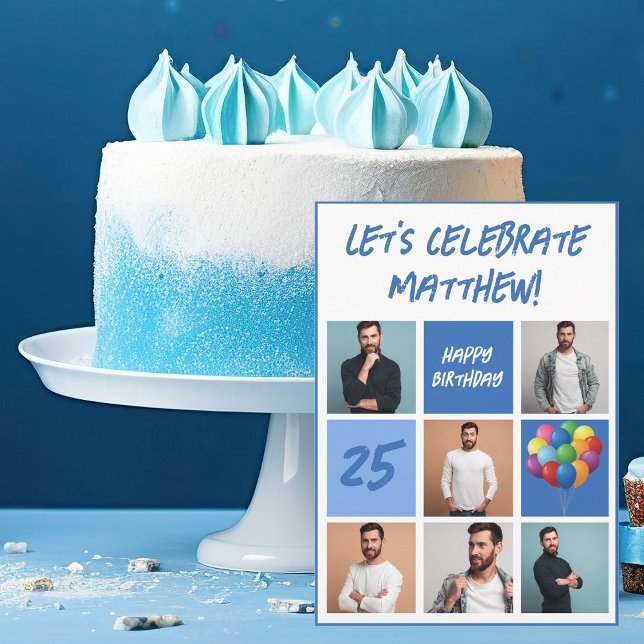 Blue Photo Collage Personalised Birthday Party Invitation (Creator Uploaded)