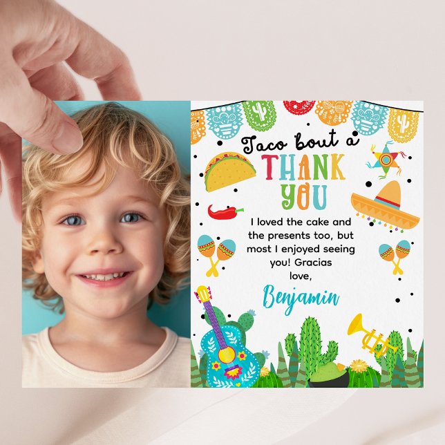 Blue Photo Fiesta Thank You Birthday Card (Boys Colorful Fiesta Themed Birthday Thank You Card, Mexican Fiesta Birthday Party Thank You Card)