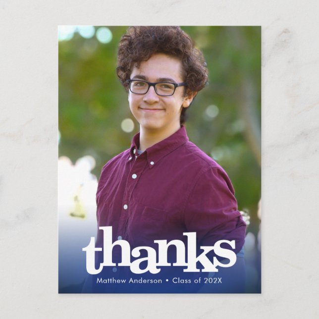 Blue photo graduation bold typography thank you postcard (Front)