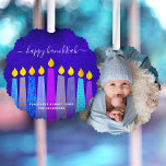 Blue Photo Hanukkah Menorah Candles Modern Boho<br><div class="desc">“Happy Hanukkah.” A playful, modern, artsy illustration of boho pattern candles and handwritten calligraphy script help you usher in the holiday of Hanukkah in style. Assorted blue boho candles with colourful faux foil patterns overlay a rich, deep blue textured background on the front. Your favourite photo adorns the back. Feel...</div>