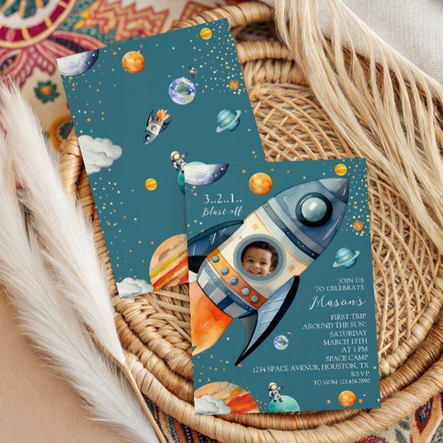 Blue Photo Rocket First Trip Around the Sun Space Invitation (Creator Uploaded)