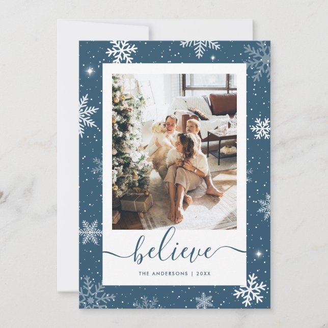Blue Photo Snowflake Believe Holiday Card (Front)