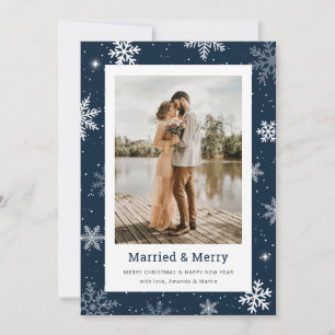 Blue Photo Snowflake Married and Merry Holiday Card